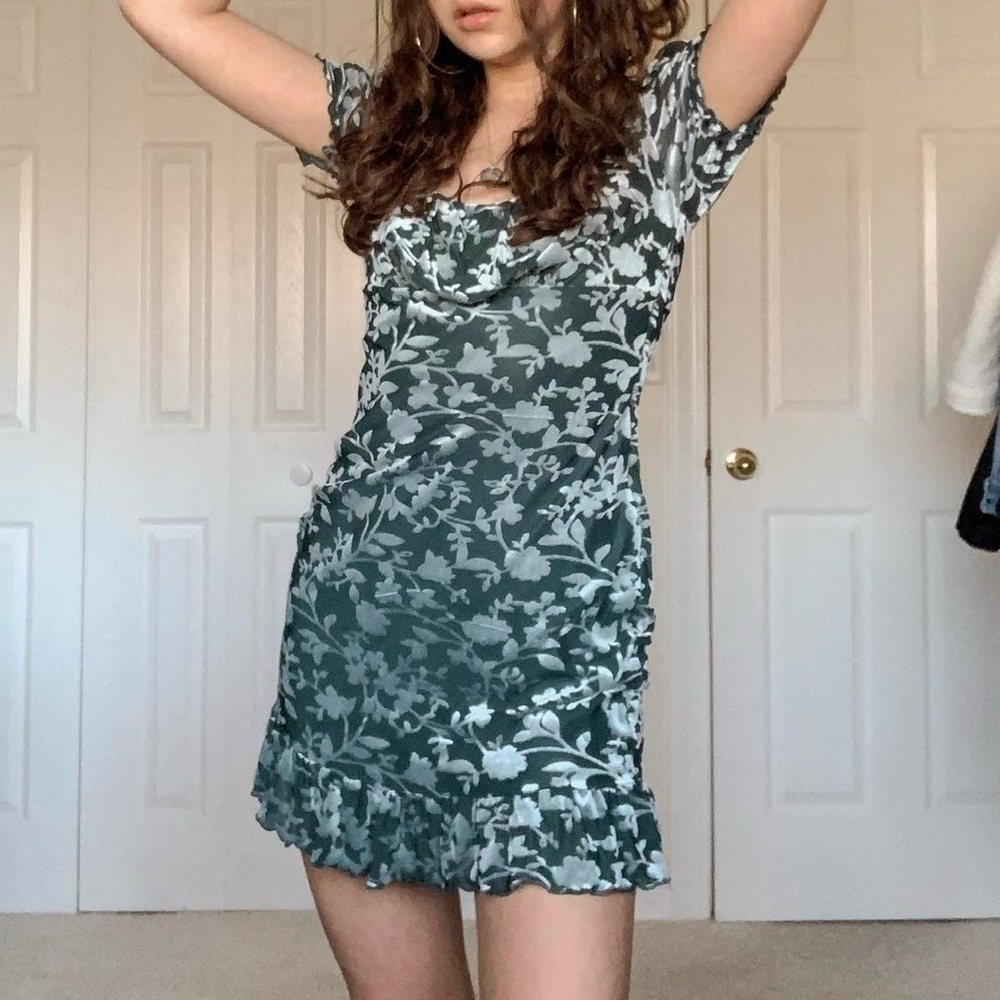 Forever 21 Teal Green Blue Velvet Floral Mini Dress Size Medium